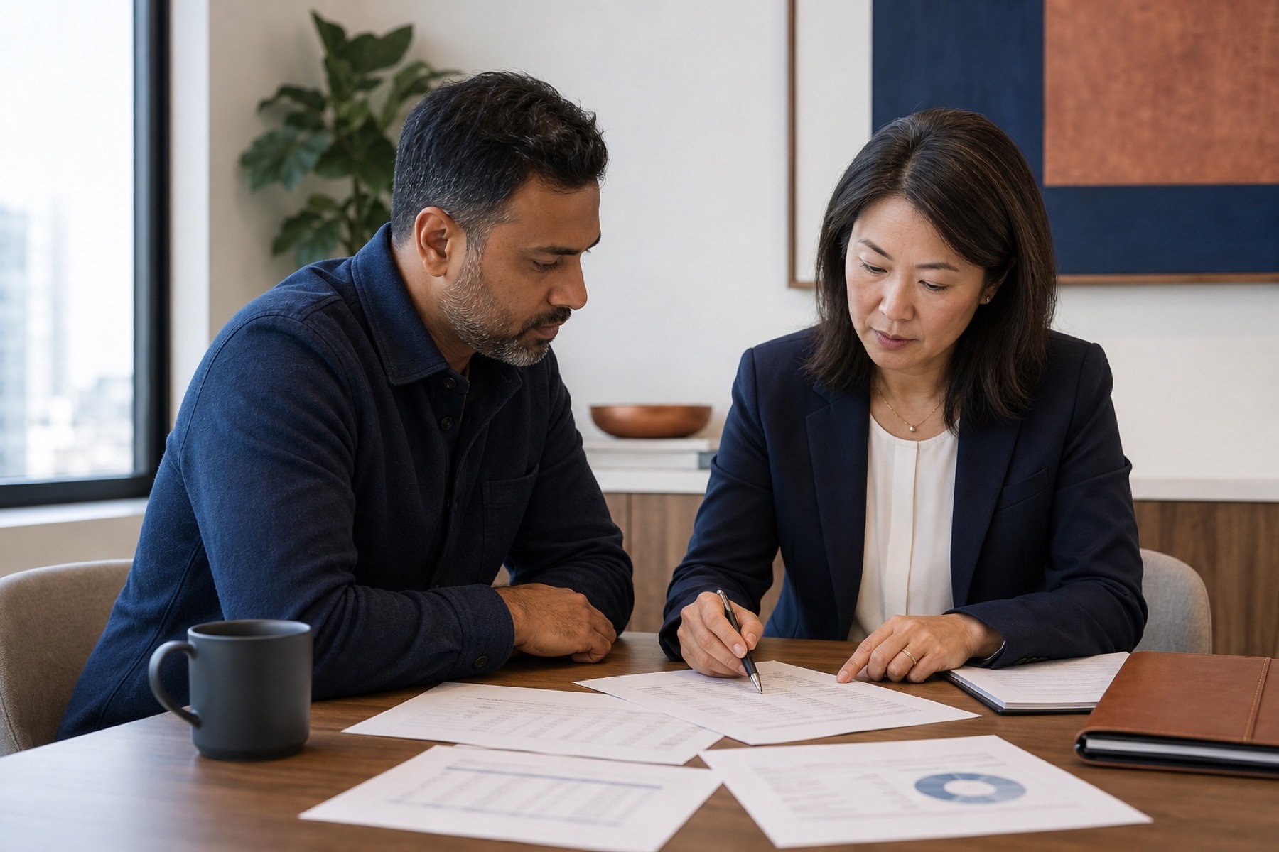 A founder and tax advisor reviewing planning documents at a table
